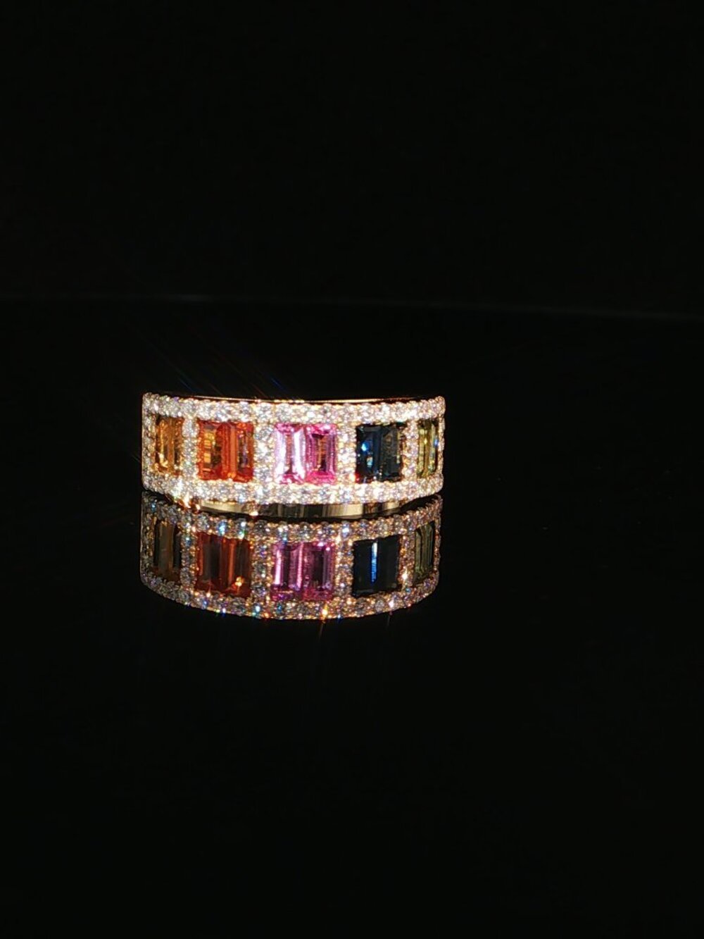 Rainbow Baguette Diamond Wide Band Cocktail Statement Ring